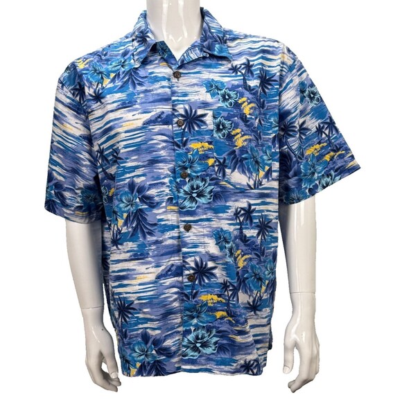Vintage Hawaiian Shirt High Sierra Large Floral Palm Tree Blue Cotton Aloha Wear - Picture 1 of 4